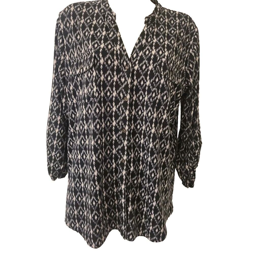 Faded Glory Women's XL Multicolor Geometric 3/4 Roll Tab Sleeve V-Neck Blouse - Picture 2 of 5